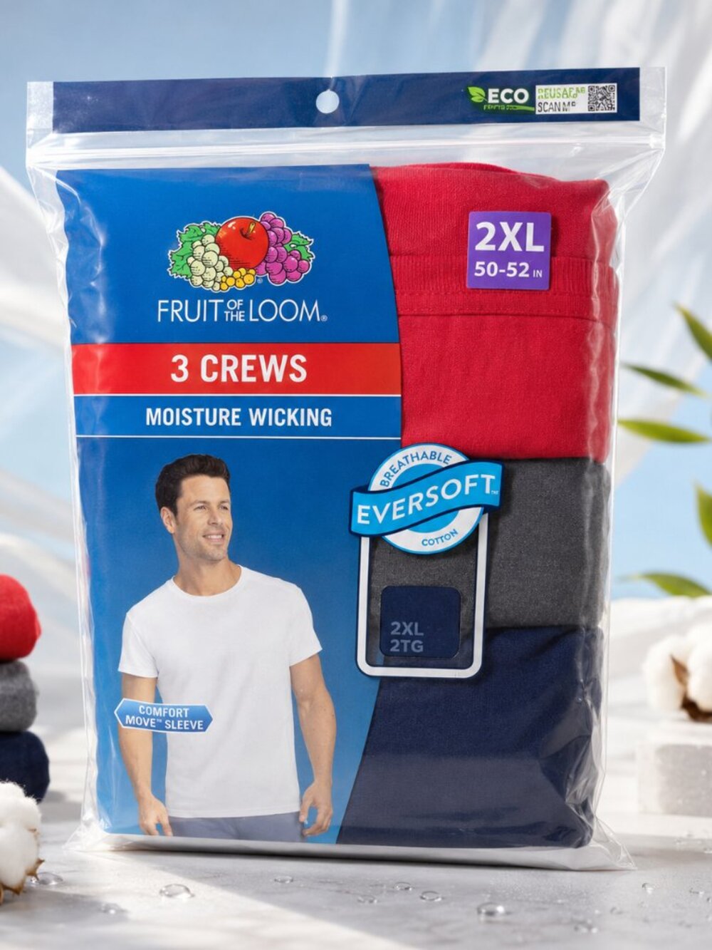Fruit of the Loom 3-Pack Men’s Crew T-Shirts – 2XL – Red, Gray & Navy – NEW